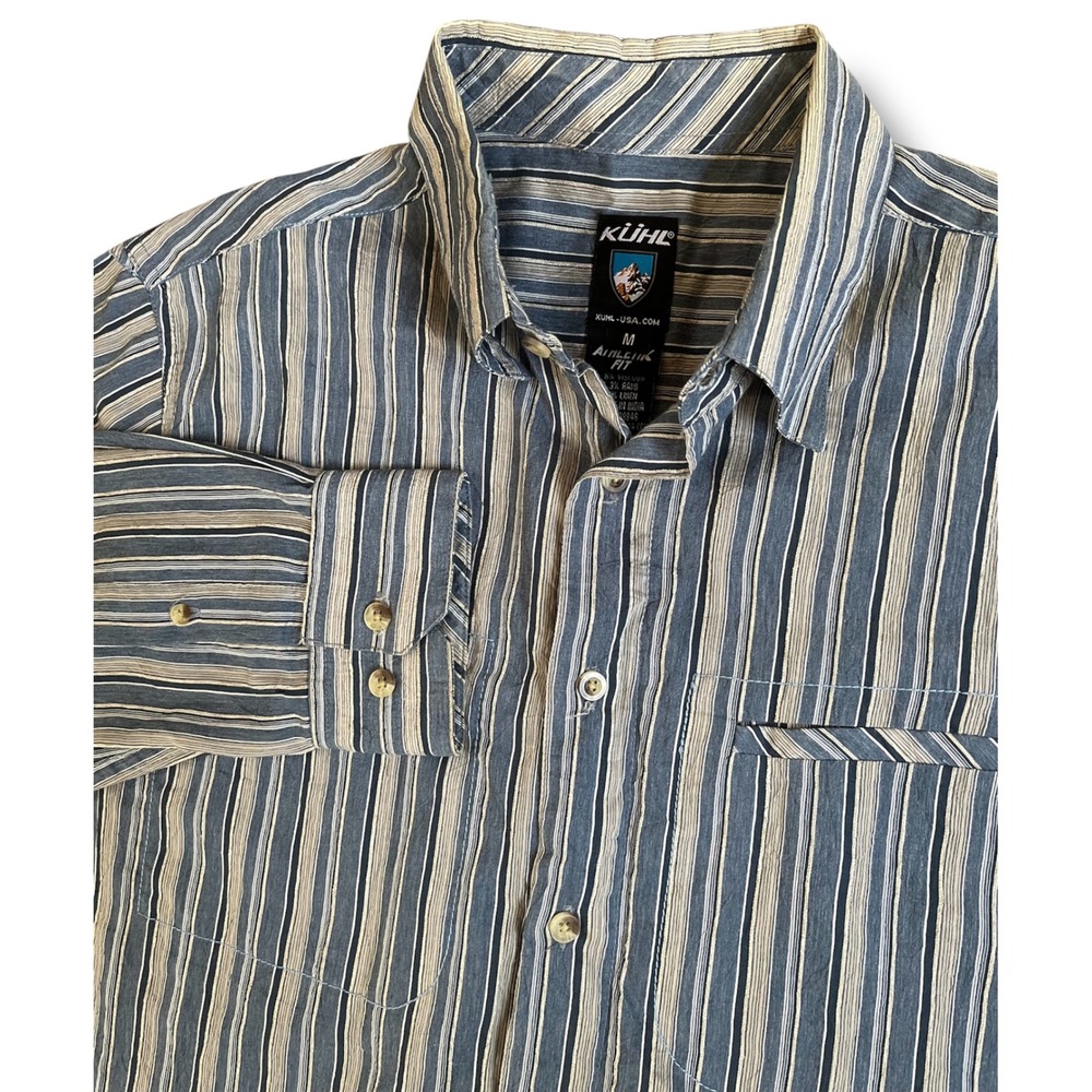 Kuhl Mens‎ Athletic Fit Striped Long Sleeve Button Down Shirt Blue Tan Size M